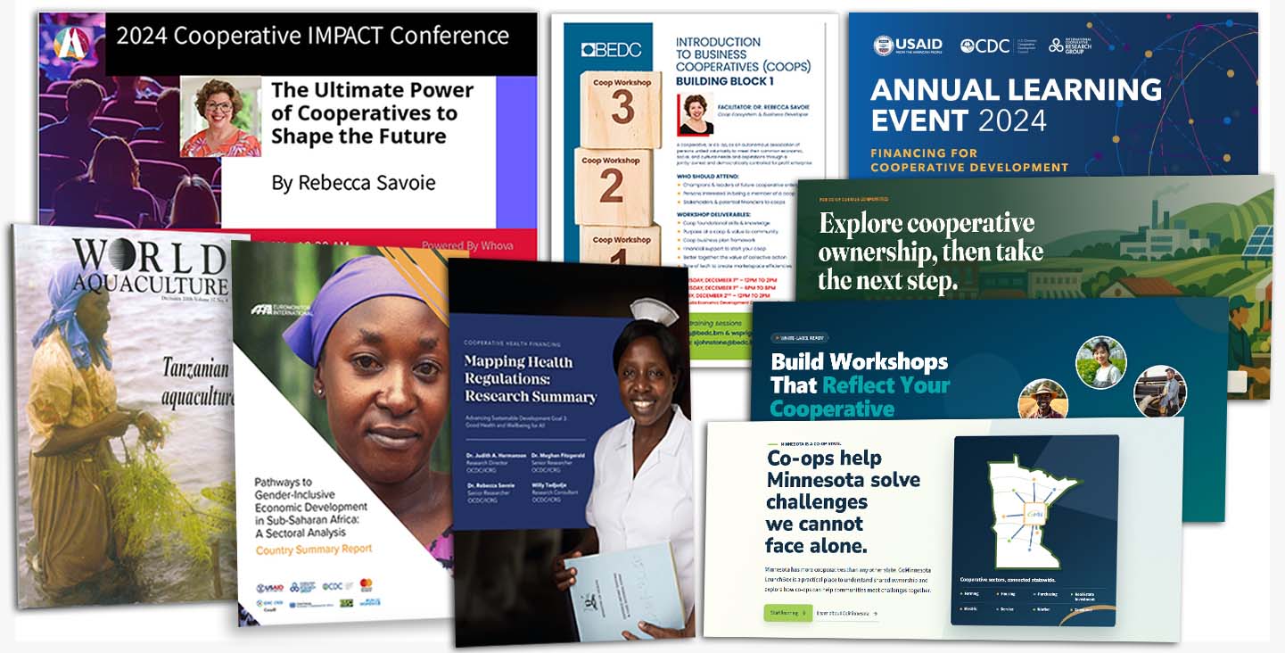 Collage of cooperative development materials: conference banners, reports, and workshop graphics